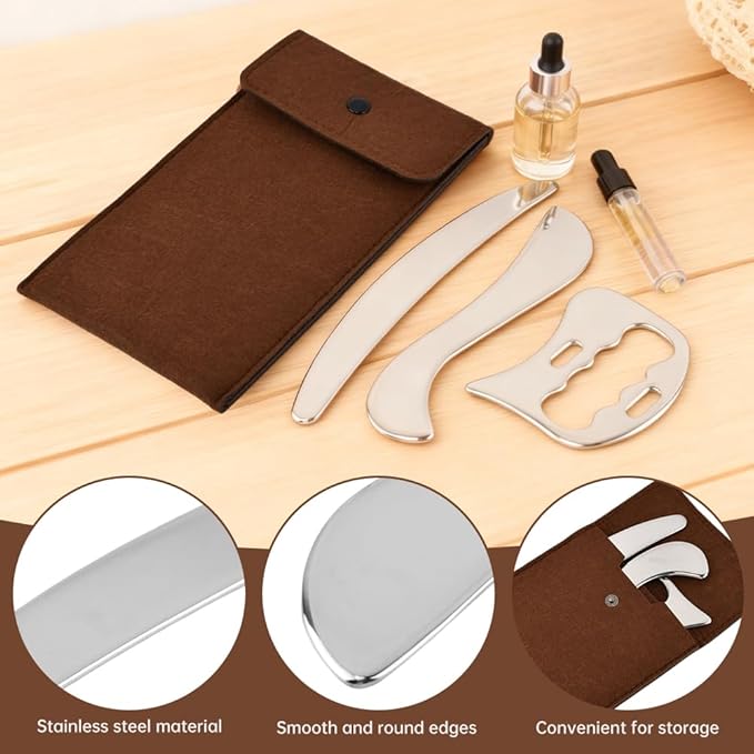 3 in 1 Stainless Steel Muscle Scraper Tools Set, Gua Sha Scraping Tool Physical Therapys Massager Tool, Scraping Massage Tools for Back, Legs, Arm, Body(Color:Silver)