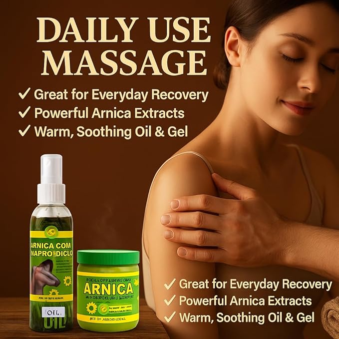 Arnica Massage Combo – Oil 6 fl oz + Gel 4.23 oz – Natural Topical Set for Muscles & Joints,Fast-Absorbing, Botanical Aroma,Daily Massage Therapy Use – Non-GMO,100% Natural – Authentic by BexpertsUSA