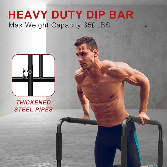 Multi-Function Fitness Dip Bar Stand Total Body Strengthener Pull Up Bar with Adjustable Height Heavy Duty Station Stabilizer Parallette Push Up Stand for Home Gym Strength Training