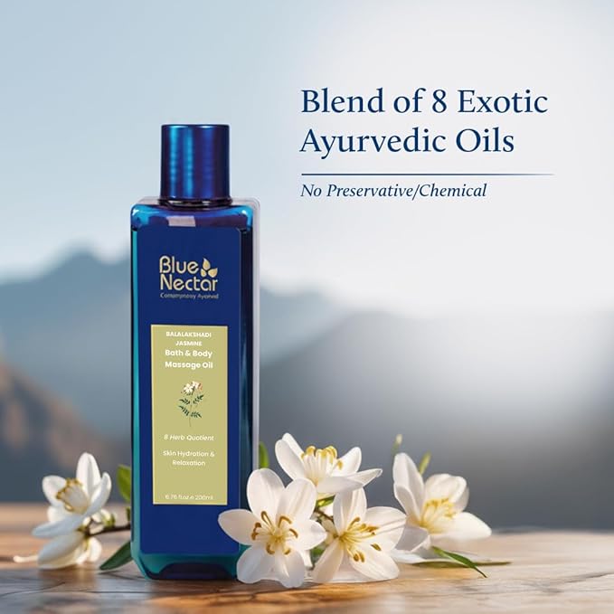 Blue Nectar Sensuous Jasmine Body Massage Oil for Relaxing Massage Therapy with Essential Oils | 100% Natural Ingredients (8 Herbs,3.4 fl oz)