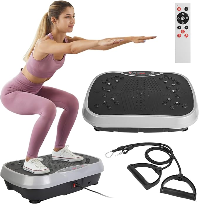 Vibration Plate Exercise Machine, Full-Body Workout Vibration Platform Equipment for Weight Loss, Vibrating Shaking Stand Plate Board with Resistance Bands Fitness Machine for Home Women Men