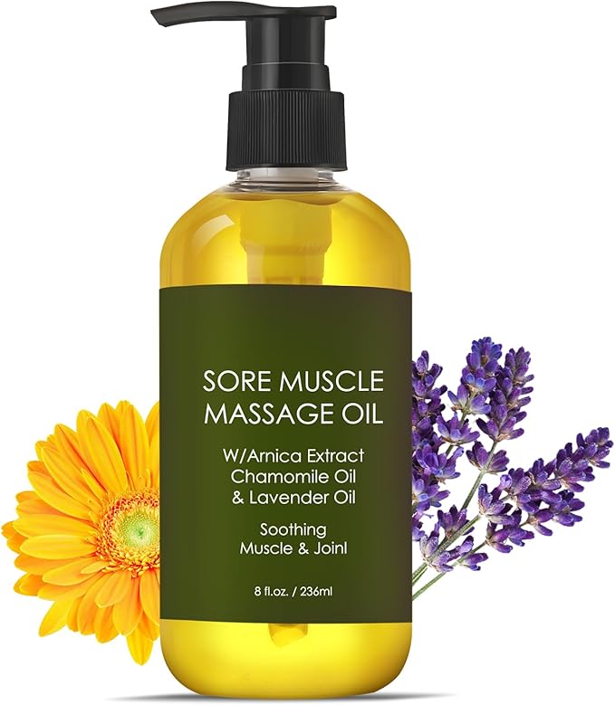 Sore Muscle Massage Oil for Women,Massage Therapy Oil for Soreness & Stiffness,Natural Oils with Lavender & Chamomile Essential Oils for All Skin Types（8oz）