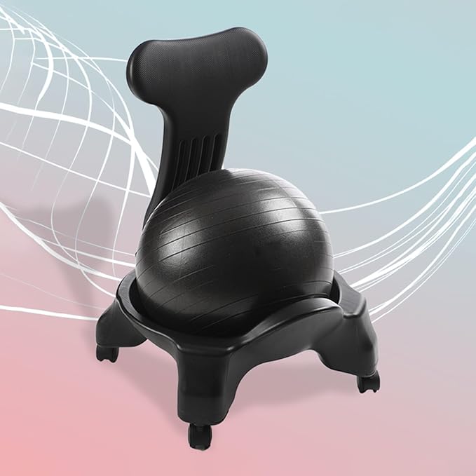 Black Φ55 cm (21 5/8") Yoga Ball Chair, Exercise Ball Chair Rolling Base for Adults, Stability Balance Ball Chair with Back Support