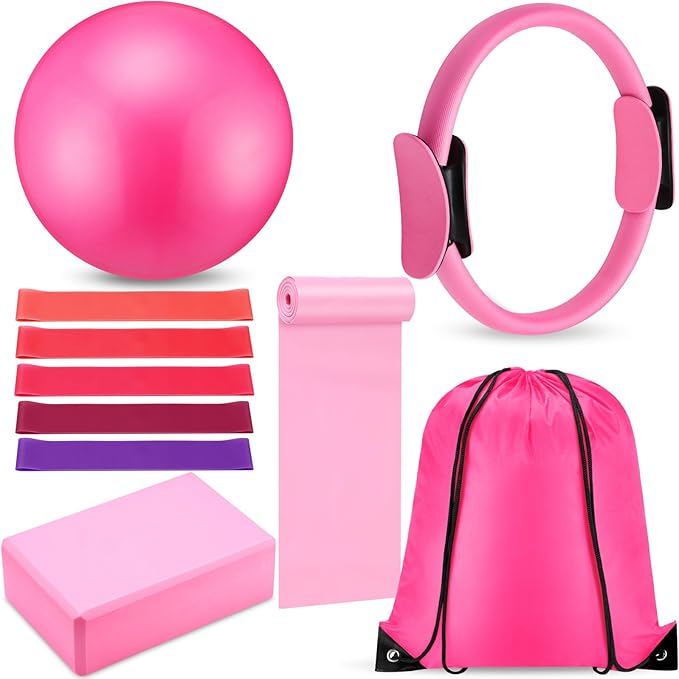 10 Pcs Home Pilates Ring Set for Women Yoga Equipment Accessories Pilates Ring Circle and Ball Workouts Gift Include Ball Yoga Circle Resistance Bands Block Straps Gym Bag