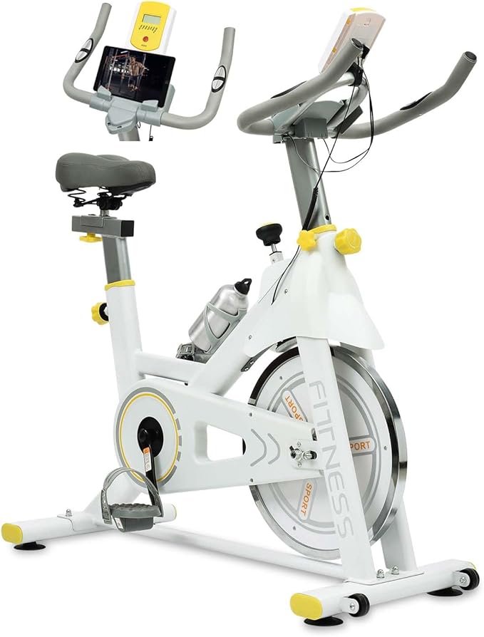 Indoor Cycling Bike Stationary Exercise Bike with LCD Monitor, iPad Holder & Comfort Seat, Adjustable Resistance, Silent Belt Drive for Home Gym Cardio Workout