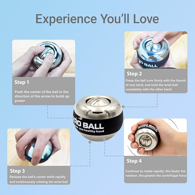 All-Metal Power Gyro Ball,Weighted Auto-Start Hand Wrist Forearm Trainer and Strengthener for Exercise Joint and Muscle with Ball Bag