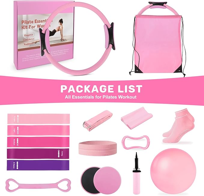 Pilates Ring Set for Women – Home Pilates Equipment Kit with 12.5" Pilates Ring,Mini Ball,5 Resistance Bands, Sliders & Grip Socks – Complete Starter Set for Toning,Strength & Flexibility