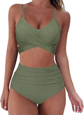 Womens Front Cross Ruched Bikini Set Twist Wrap Swimwear High Waisted Bottoms Print Straps Push Up Swimsuits