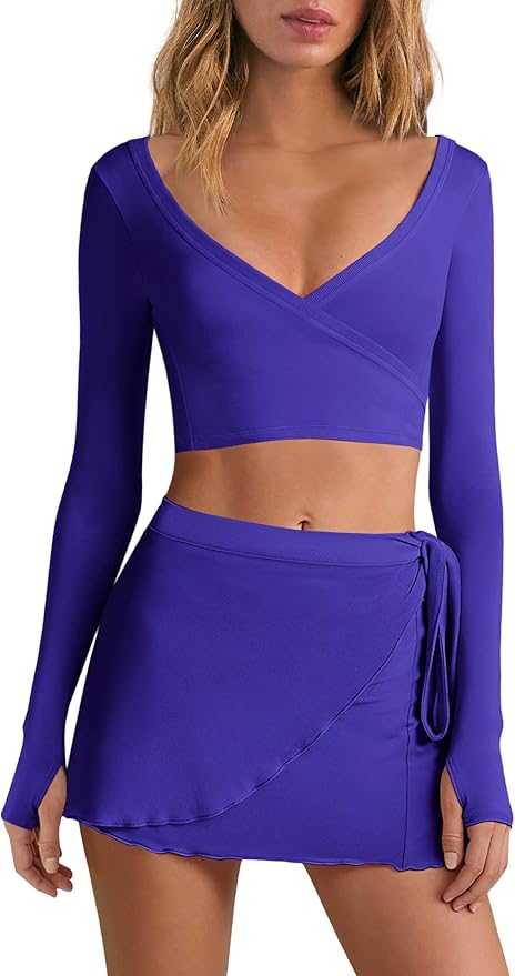 Nirovien Womens 2 Piece Workout Sets Sexy Pilates Outfits Athletic Gym Yoga Sets Ballet Wrap Top and Skirt