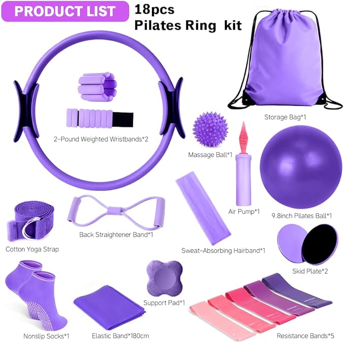 Pilates Equipment Set for Home Workouts –15in1 Home Pilates Kit with Ring and Ball Set, Resistance Bands, Pilates Yoga Accessories, Core Sliders & Ankle Weights, Pilates Essentials Kit