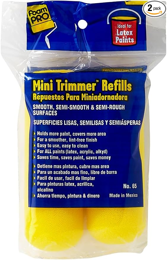 FoamPRO 65 Mini Trimmer Refill - 4-Inch Paint Rollers for Precision Painting- with 3/8 in Nap - Pack of 2, Yellow