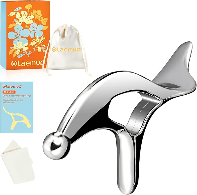 Pressure Point Massage Tool for Deep Tissue - Metal Muscle Scraper Gua Sha Tools for Fascia Release, Thumb Saver Acupressure Tool for Trigger Point & Pain Relief, Travel Pouch