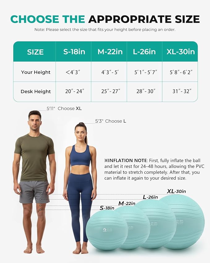 Gruper Yoga Ball, Extra Thick Exercise Ball for Workout Pregnancy Stability - 4 Sizes Anti Burst Balance Ball for Yoga, Pilates, Fitness, Birthing, Physical Therapy - Includes Pump