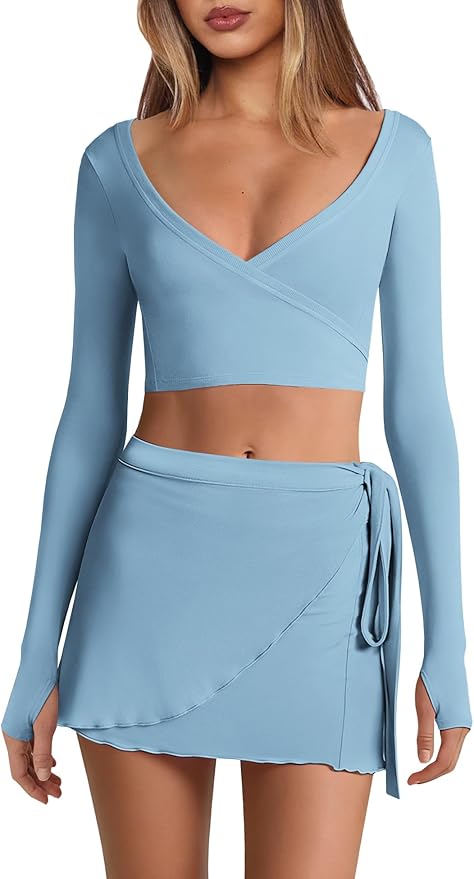 Nirovien Womens 2 Piece Workout Sets Sexy Pilates Outfits Athletic Gym Yoga Sets Ballet Wrap Top and Skirt