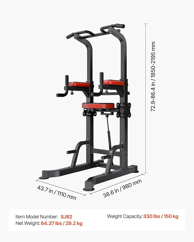 VEVOR Pull Up Bar, 330 LBS Power Tower Dip Station, Workout Dip Station with H-Shaped Stable Base & Assistance Platform, Adjustable 9 Level Height Pullup Stand for Back, 3-Level Adjustable Elbow Pads