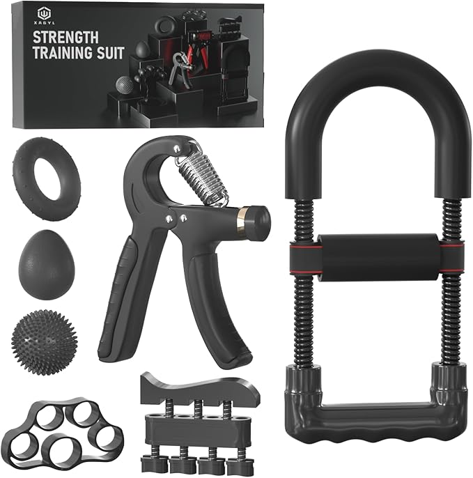 Hand Grip Strengthener Kit - Ultimate Hand Exerciser Set for Forearm Workout, Adjustable Grip Strength Trainer, Stress Relief Ball, Exercise Ring, Training and Recovery (Frosted Black)