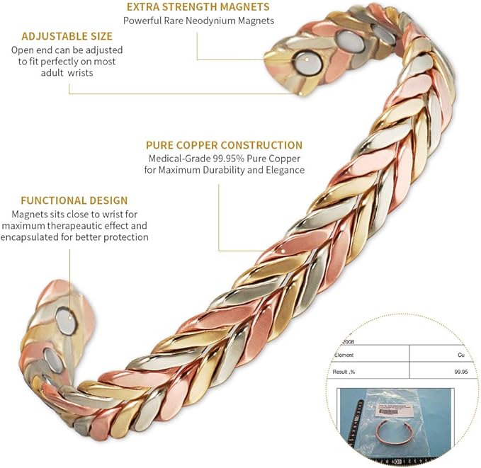 Copper Bracelet for Women, Pure Copper Suit Adjustable Three-Color Gold Braid Magnetic Bracelet Ring, Fashsion Jewelry Presents（0932 2040）