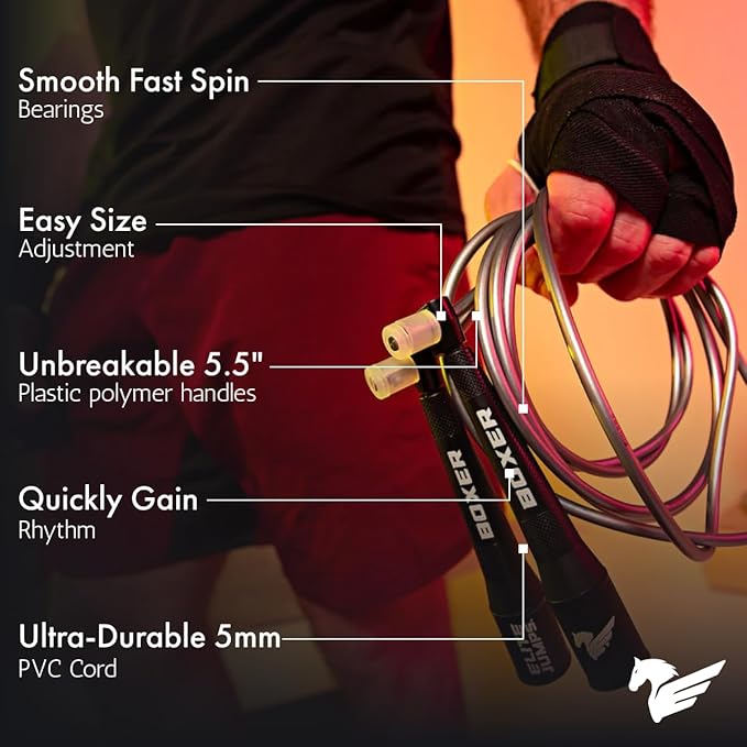 Elite Jumps Boxer 3.0 Jump Rope – Professional Boxing Workout Equipment | Tangle-Free PVC Skipping Rope with Smooth Action Handles | Slip-Resistant Grips for Fitness & Cardio Training