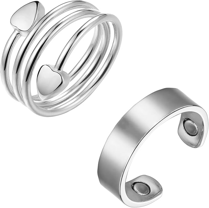 2PCS Magnetic Copper Rings for Women, Elegant Lymphatic Jewelry Gifts for Women, Adjustable Copper Ring(Silver)