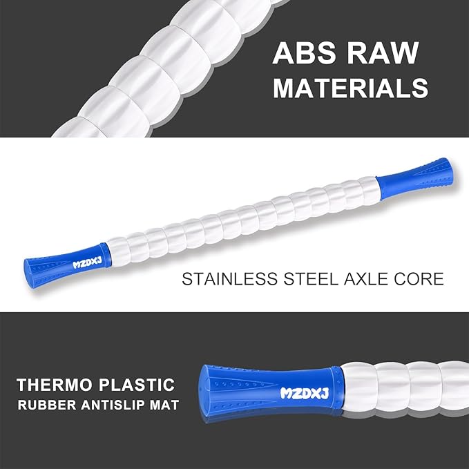 Muscle Roller Massage Roller Stick- Deep Tissue Fascia Blaster for Myofascial Pain Relief, Lymphatic Drainage & Body Sculpting, Handheld Physical Therapy & Recovery Tool (Blue White-24 inch)