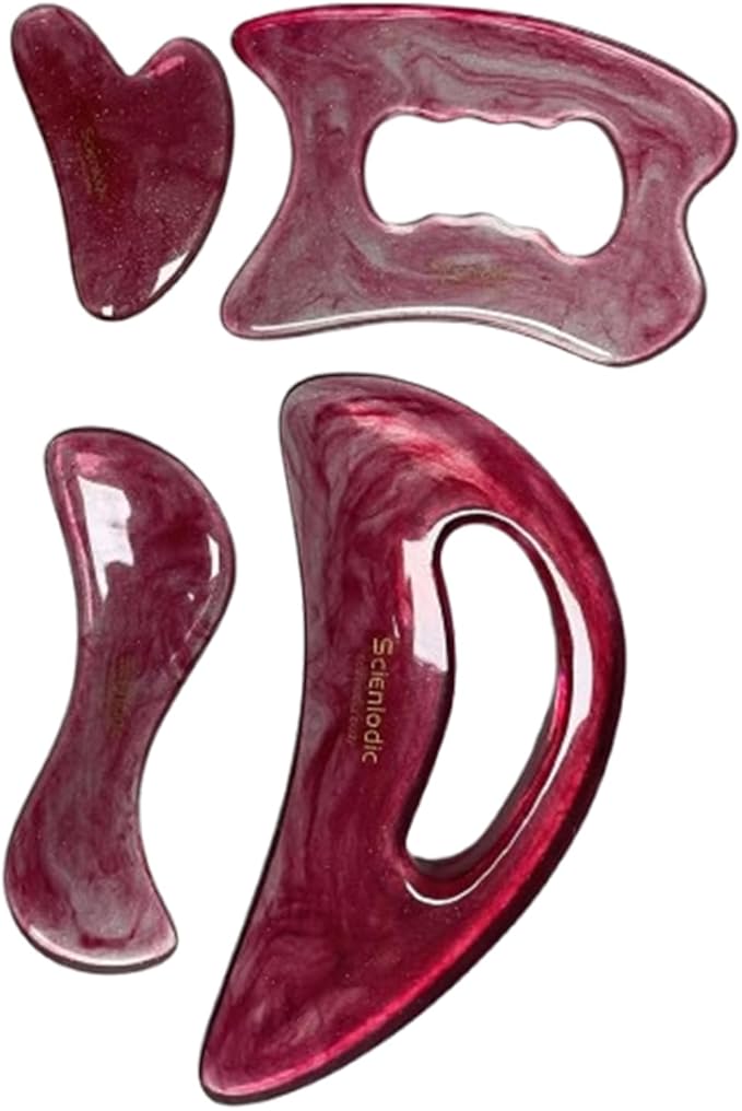 Scienlodic 4 Pcs Gua Sha Massage Tools for Face & Body (Red, Resin) - Guasha Scraping Tool for Jawline Contouring, Puffiness Reduction, Neck, Back, Legs & Muscle Relaxation
