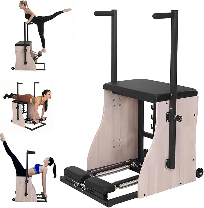 Generic Oak Wood Pilates Chair Reformer Machine Split Pedal Fitness Reformer with Resistance Bands and Springs Split Pedal Handles for Workout Equipment Home Gym or Studio