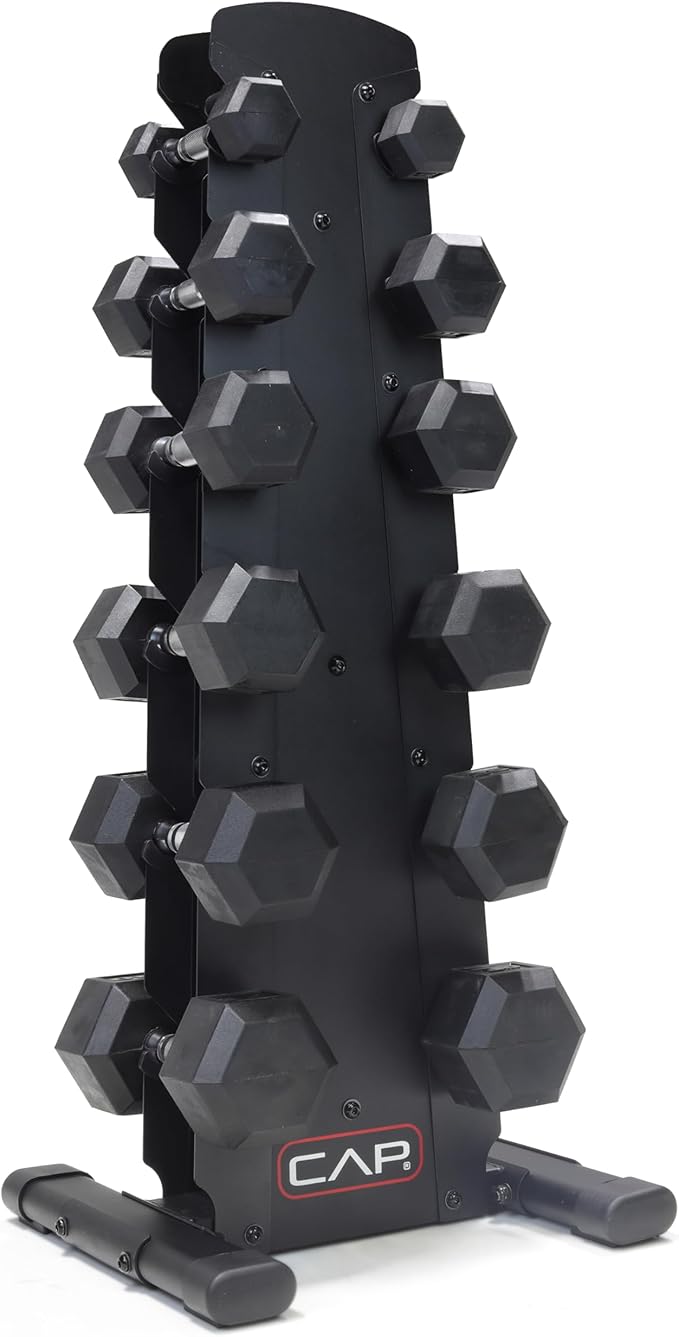 CAP Barbell Rubber Coated Dumbbell Weight Set with Vertical Rack | 100 lb, 150 lb, and 210 lb Options