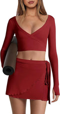 Nirovien Womens 2 Piece Workout Sets Sexy Pilates Outfits Athletic Gym Yoga Sets Ballet Wrap Top and Skirt