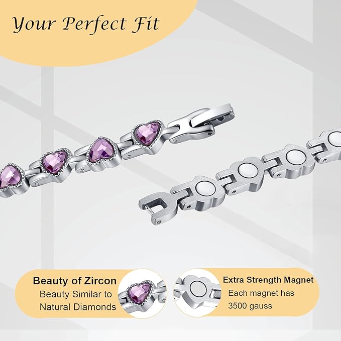 Magnetic Bracelets for Women, Stainless Steel Bracelet with Heart-Shaped Zircon, Magnetic Jewelry Present (Purple)
