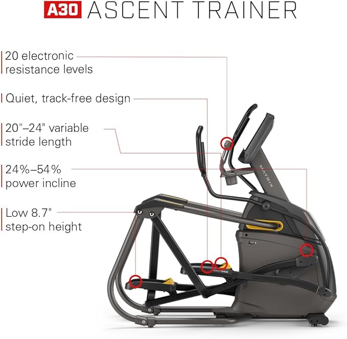 Matrix Fitness A30 Ascent Elliptical with XIR | 16" Touchscreen (WiFi+BT+HDMI) | Low Impact Workouts, Full Body Cardio | Space Saving Compact Design, Suspension Elliptical with Adjustable Incline