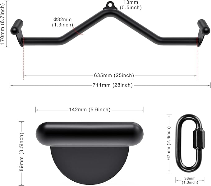Kipika LAT Pull Down Bars Cable Machine Attachment, Rowing T-bar V-bar Set, Back Strength Training Handle Grips for Cable Machine Rowing Machine, 12" 20" 24" 28" 32" Five Sizes