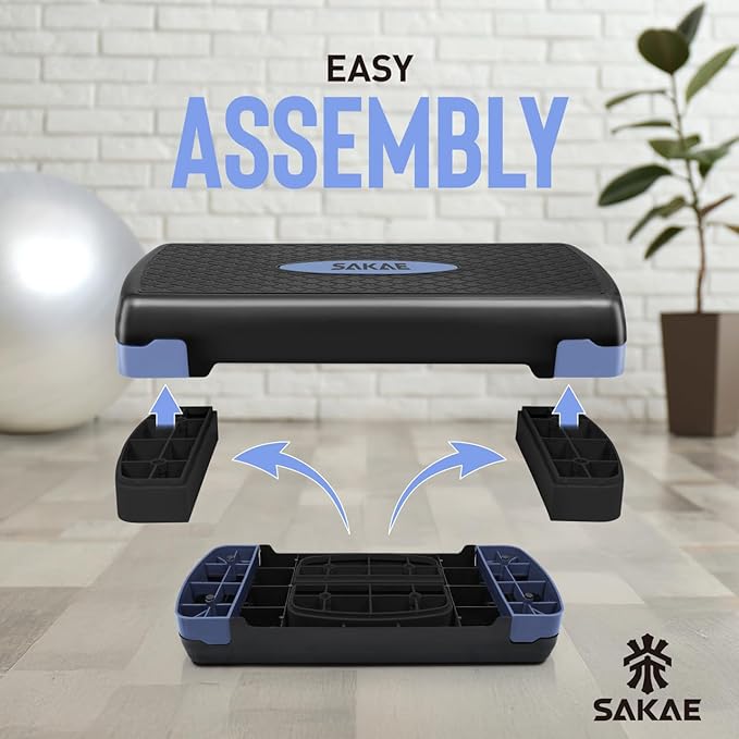 SAKAE Step Aerobics Platform Set with Dumbbells & Measuring Tape, Aerobic Steppers for Exercise at Home, Adjustable Height 2 Level Risers Workout Step Trainer with Non-Slip Surface, Multiple Colors