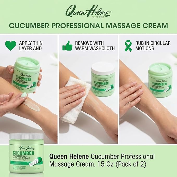 Queen Helene Cucumber Professional Massage Cream – Cooling Hydration That Refreshes, Softens & Revives Skin | 15 oz Jar