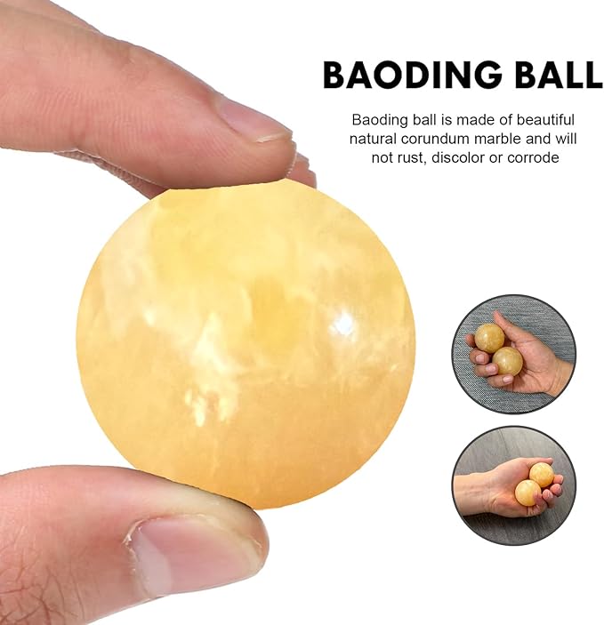 Marble Baoding Balls, Chinese Meditation Stress Relief Balls for Hand Therapy, Manual Massage Exercise with an Upgraded Shockproof Imitation Wood Box, 2 Count Beige, Medium-1.57"