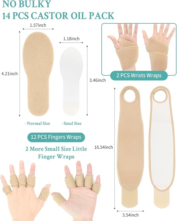 14 PCS Castor Oil Pack Wraps for Hands Wrists and Fingers,Castor Oil Compression Hand Wraps,Adjustable Wrists and Fingers Wraps,Wrists and Fingers Straps for Left & Right Hand,Castor Oil Not Included