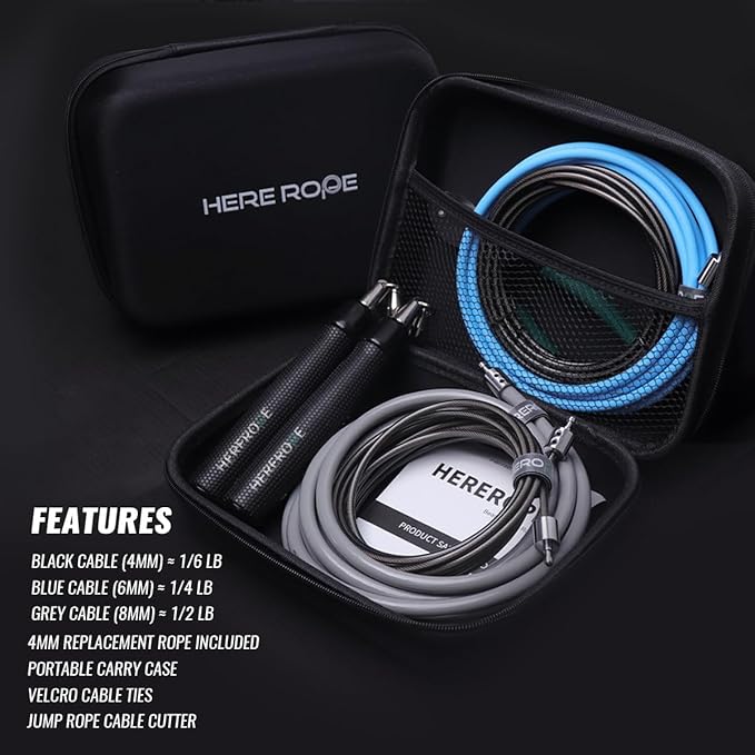 Hererope Weighted Jump Rope Set 3-in-1 Interchangeable 1/6lb 1/4lb 1/2lb Professional Jump Ropes for Men Women | Premium Ball Bearing Speed Rope Anti-Slip Leather Grip | Crossfit Boxing MMA