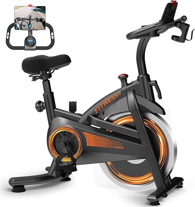 CURSOR FITNESS Exercise Bike, Brake Pad Stationary Bike for Home with Exclusive App, Stationary Bikes for Home with 300 lb Weight, Indoor Cycling Spin Bike Workout Bike with Extra Comfort Seat