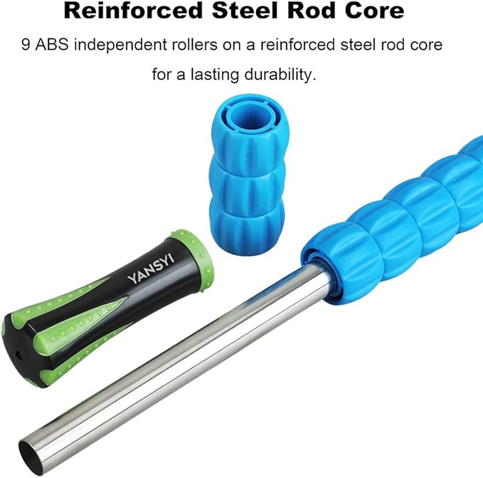 YANSYI 9-Roller Deep Tissue Massage Stick - Professional Muscle Recovery for Leg & Back Pain Relief, Portable Physical Therapy Tool for Athletes, (Blue 2)