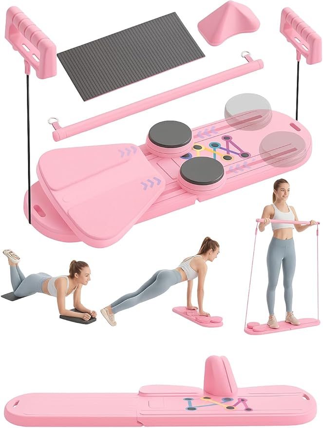 Pilates Board, 8-in-1 Foldable Pilates Reformer Machine with Timer & Resistance Bands, Portable Multifunctional Pilates Kit for Home Workout, Fitness, Exercise, Abs, Core Trainer