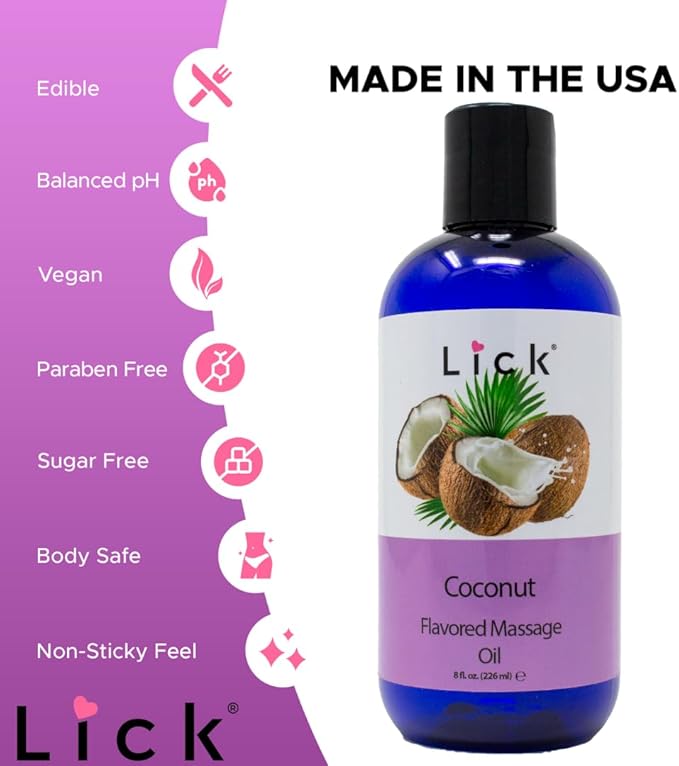 Lick Coconut Flavored Massage Oil – Tropical Edible Massage Oil with Sweet Almond Oil & Vitamin E, Hydrating Body-Safe Formula for Relaxing Couples Massage, 8 oz