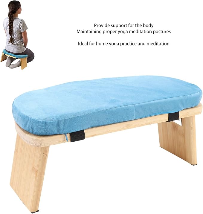 Wooden Meditation Bench, Ergonomic Detachable Kneeling Stool with Soft Cushion for Yoga and Meditation, Minimalist Design Home Use (Blue)