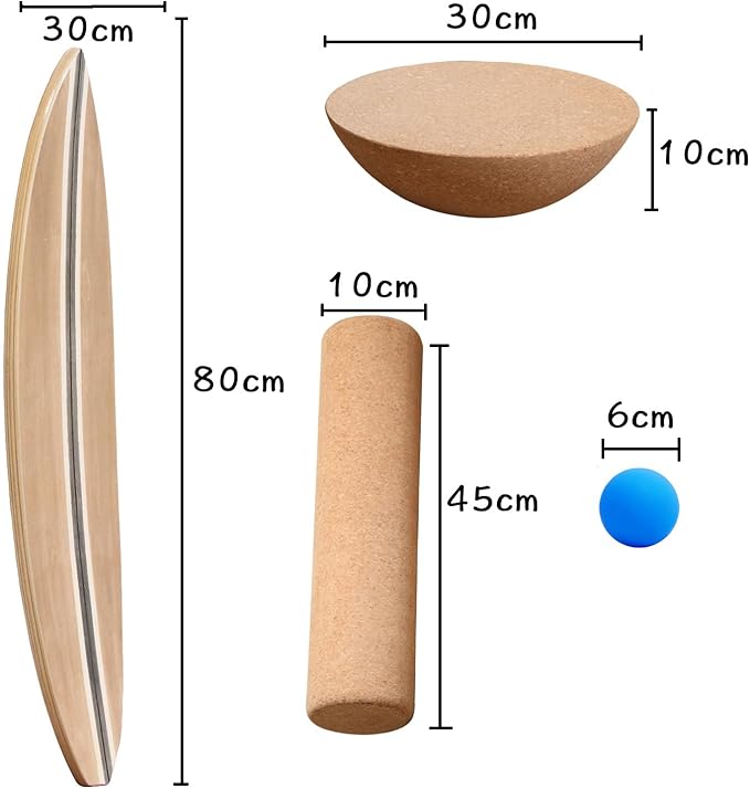 Maple Wood Balance Board with Roller and Half Ball Accessories - Dual-Mode Balance Trainer for Adults, Home Gym & Office Use, Surfboard Shape Design(31.5 x 11.8in)