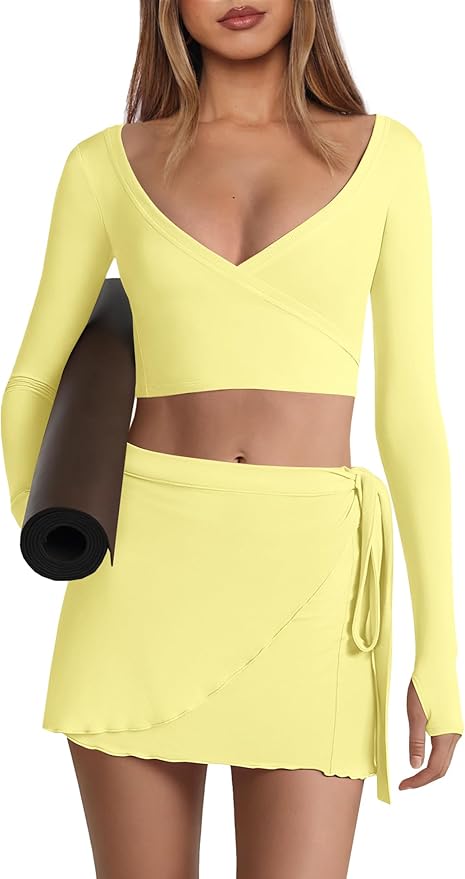Nirovien Womens 2 Piece Workout Sets Sexy Pilates Outfits Athletic Gym Yoga Sets Ballet Wrap Top and Skirt