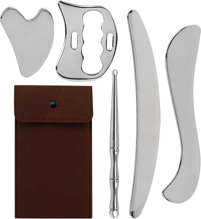 5-in-1 Stainless Steel Muscle Scraper Tool Set GuaSha Muscle Scraping Tools Set, Physical Massage Tools with Storage Case, Body Gua Sha Kit for Body Skin Massage