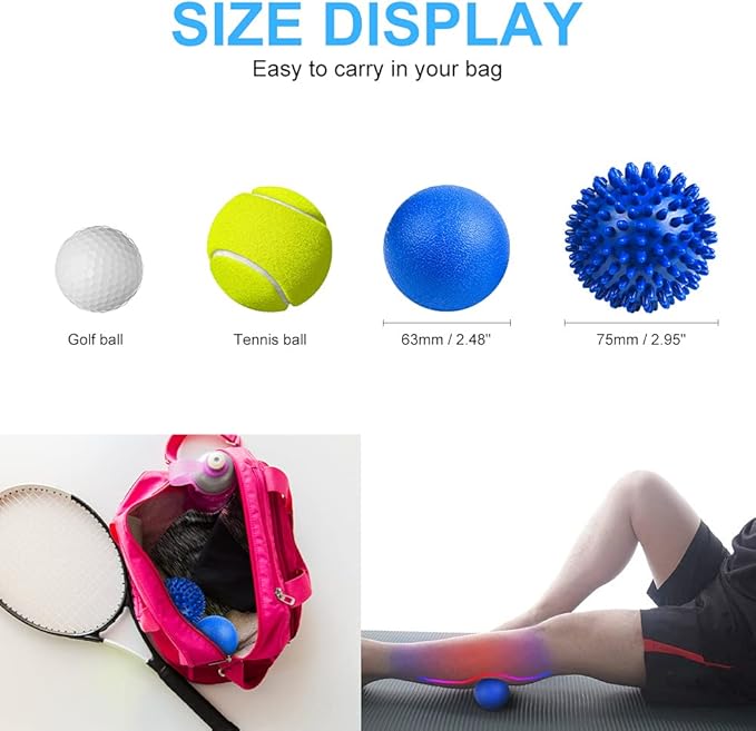 URAQT Spiky Massage Ball Set, 2 Pack Physical Therapy Massage Balls, Hard Lacrosse Ball & Spiky Massage Ball for Myofascial Release and Trigger Point Deep Tissue Massage (Blue)
