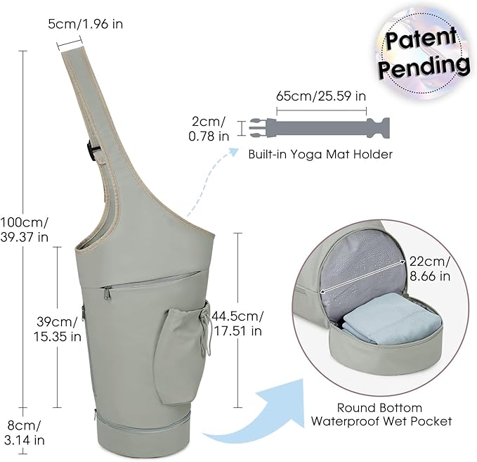 sportsnew Yoga Mat Bag, Large Opening Long Tote Yoga Mat Carrier Holder Bag with Waterproof Wet Pocket and Drawstring Water Bottle Pocket, Adjustable Shoulder Strap Storage Bag, patent pending