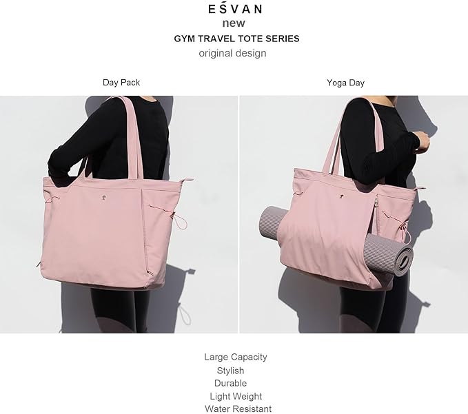 ESVAN Yoga Tote Bag for Women Shoulder Bags Drawstring for Office Workout Travel Carryall Pilates Gym and Beach