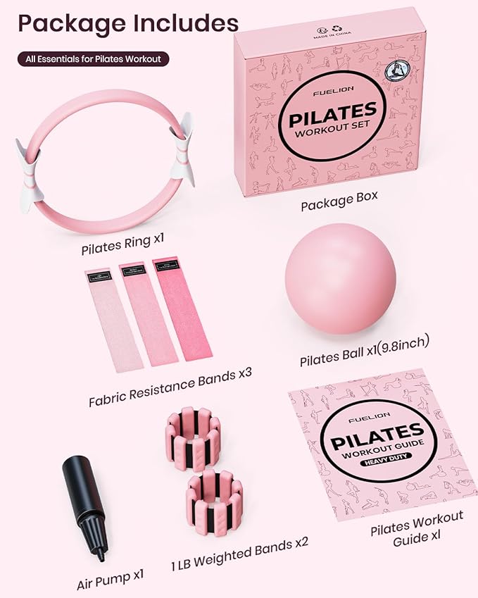 Pilates Ring Set, Magic Circle Yoga Ring, Pilates Ball, Adjustable Ankle Wrist Weights, Resistance Bands, Mini Ball, Pilates Starter Kit for Strength, Workout Guide Included