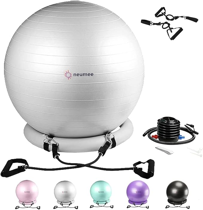 Yoga Ball Chair with 65cm Exercise Ball & 2 Resistance Bands, Stability Base for Home Office, Yoga, Pilates & Fitness, Balance Ball for Posture, Core Strength & Low Impact Workouts