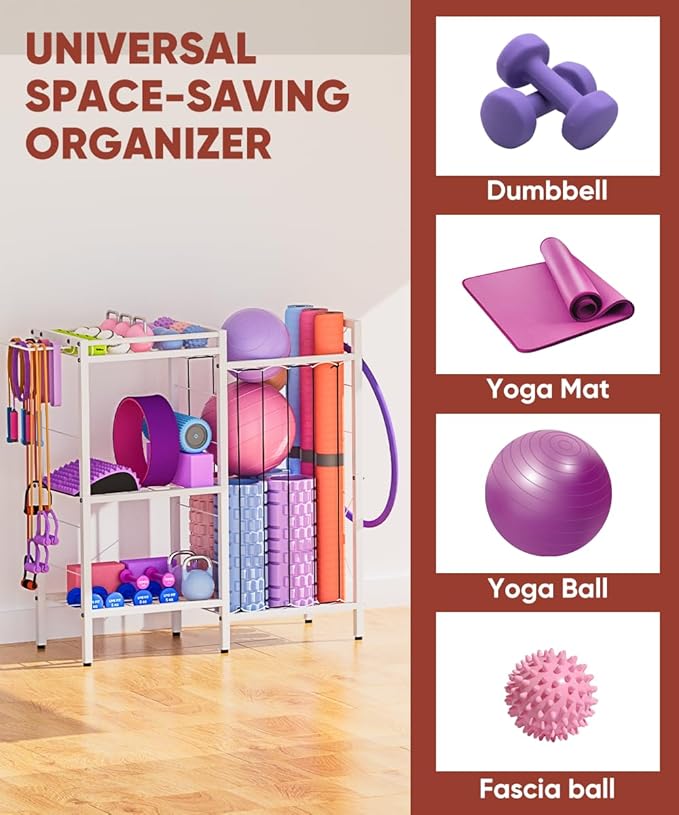 3 Tiers Dumbbells Yoga Mat Storage Rack with Elastic Straps for Kettlebells Foam Roller Resistance Bands Balls, Workout Equipment Organizer Weight Storage Holder with Hooks for Home Gym